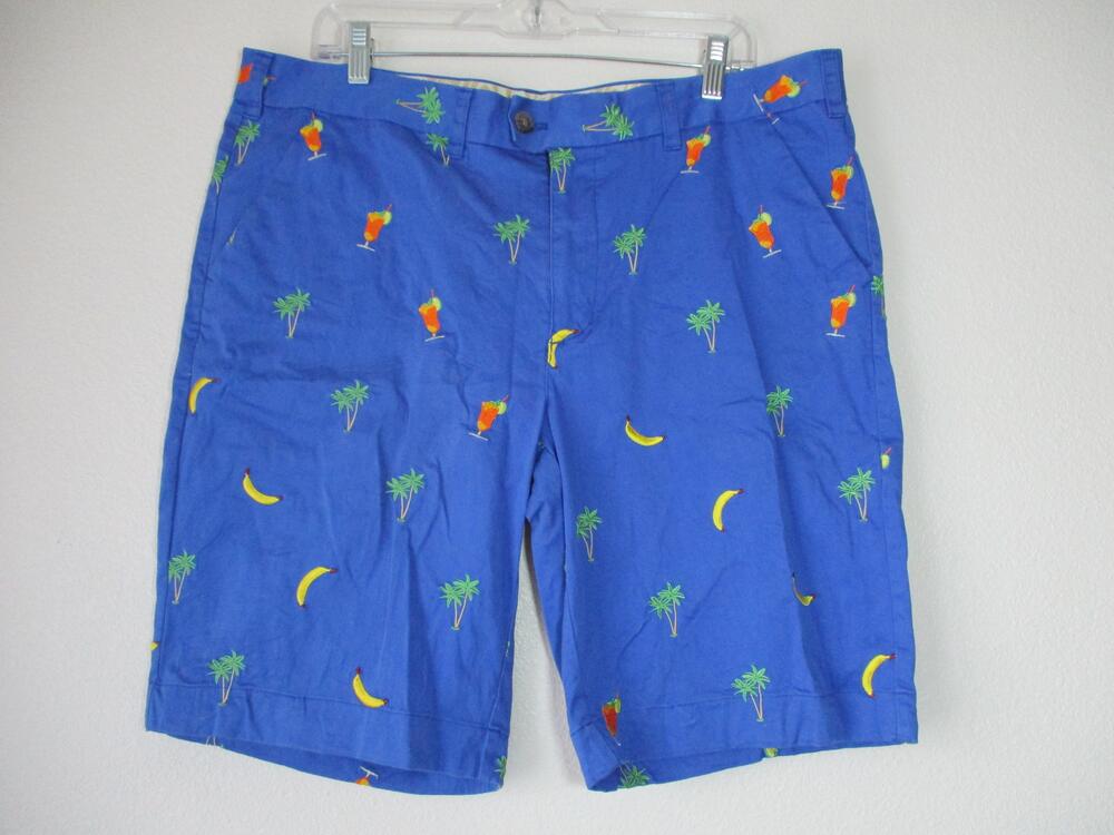 LoudMouth Shorts 38 Golf Chino Blue Tropical Embroidered Palm Banana Cocktail